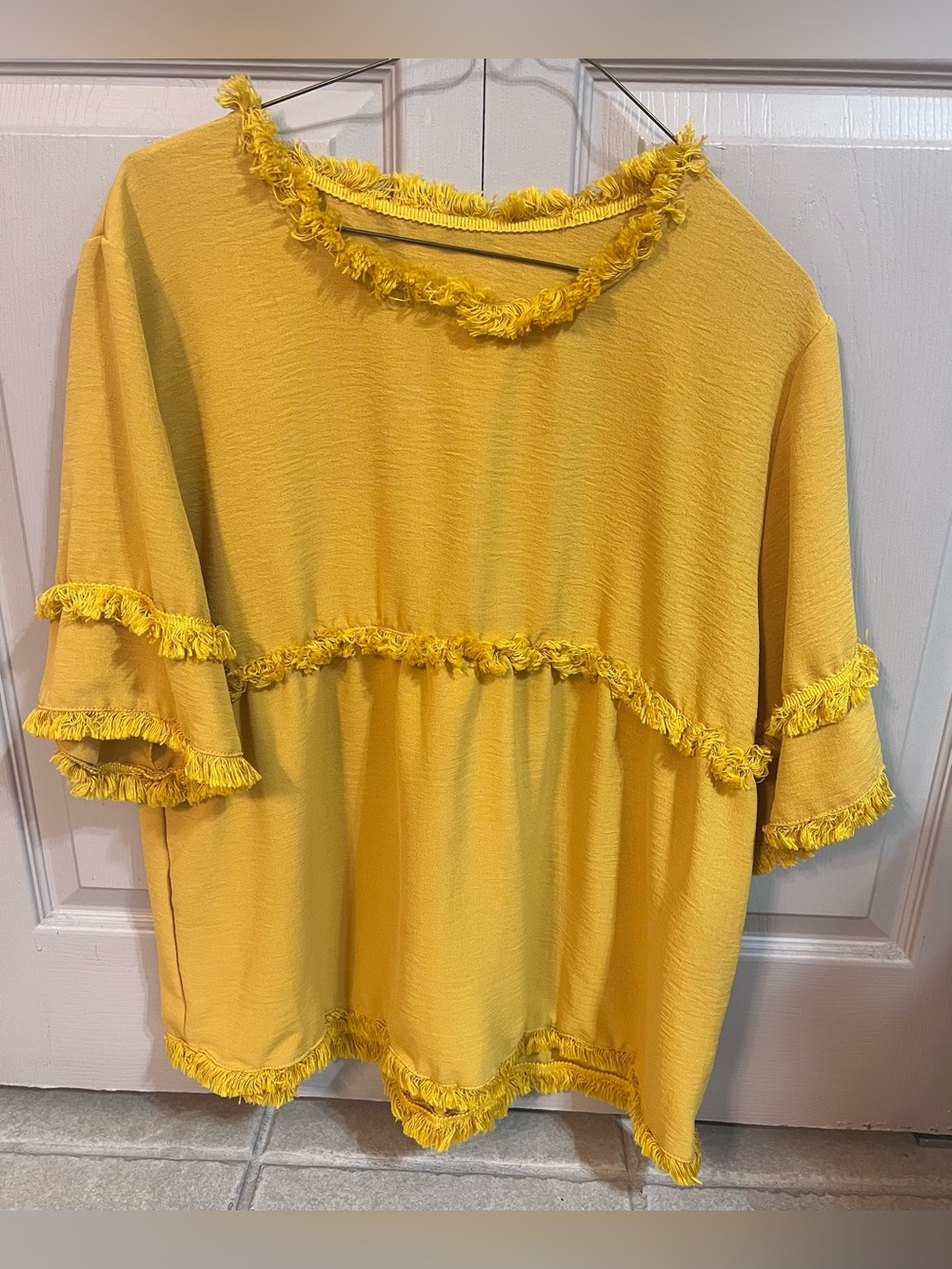 Women's Yellow Fringe Trim Short Sleeve Top